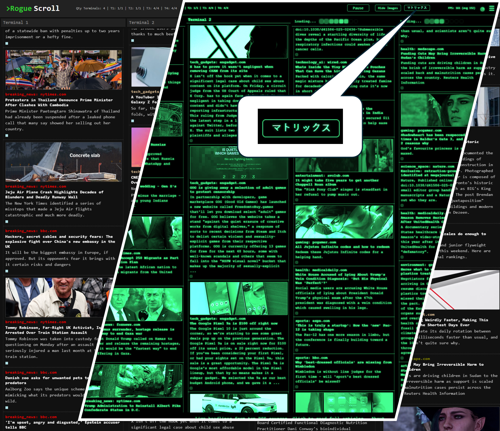 Screenshot of RogueScroll: The Matrix-Mode News Reader That's Actually Fun